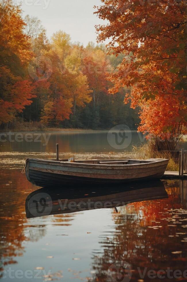 A tranquil autumn scene with a wooden boat on a serene lake surrounded by colorful foliage. photo