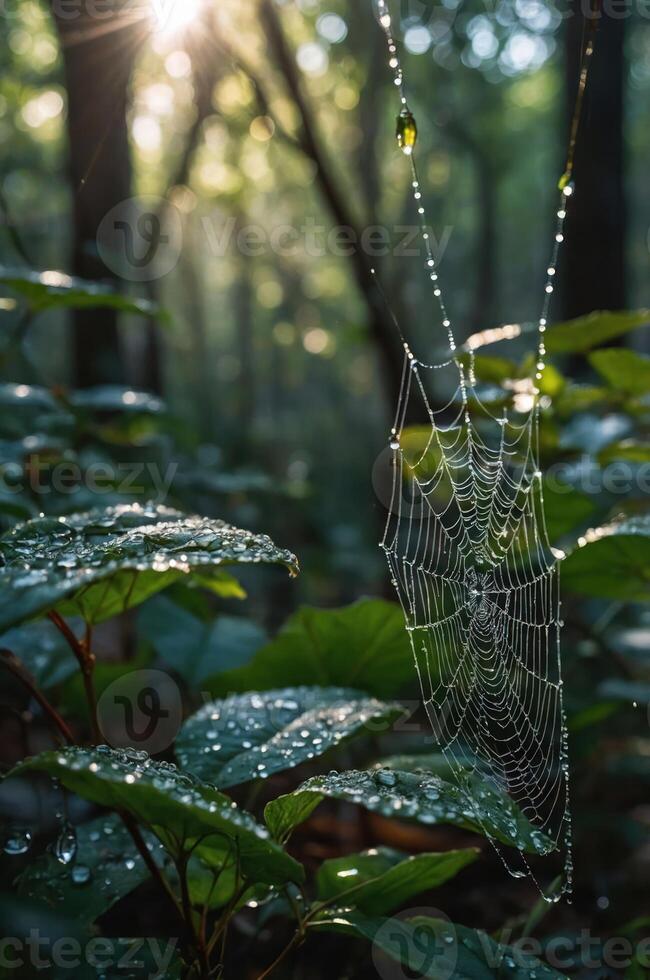 A spider web adorned with dew in a sunlit forest, highlighting nature's beauty. photo