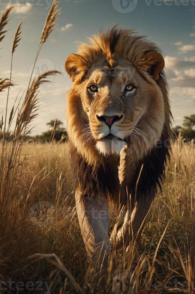 A majestic lion walks through tall grass under a dramatic sky, showcasing wildlife beauty. photo