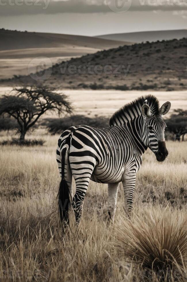 A zebra stands gracefully in a grassy landscape, showcasing its distinctive stripes. photo