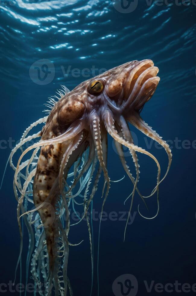 An underwater creature resembling an octopus with flowing tentacles and a unique head shape. photo