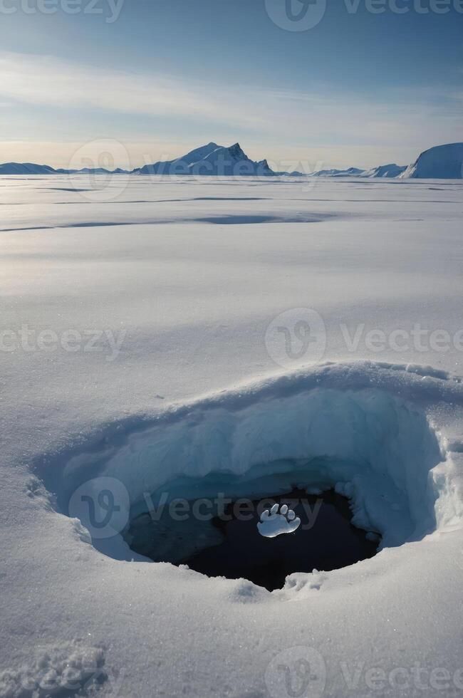 A paw print in a hole in the ice, surrounded by a snowy landscape and distant mountains. photo