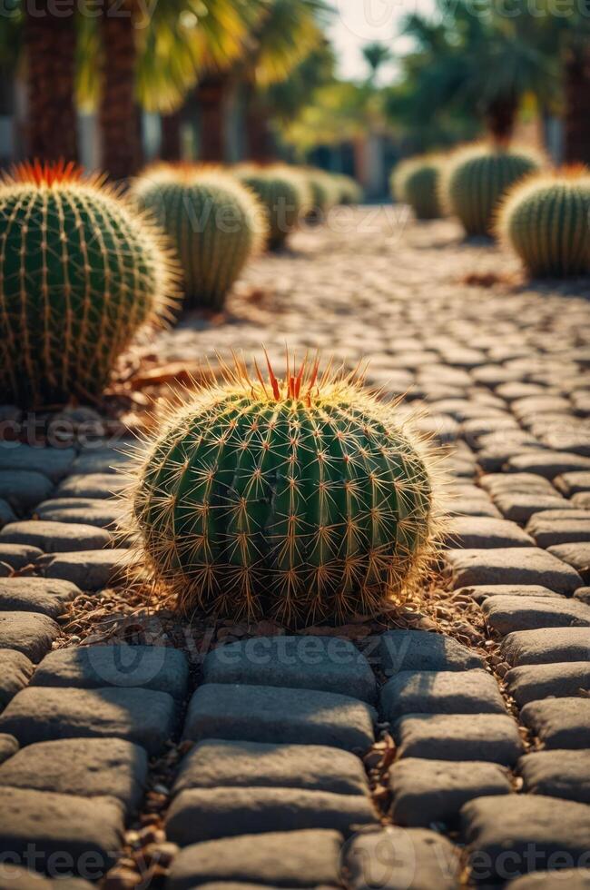 A pathway lined with round cacti on cobblestones, surrounded by palm trees in a sunny setting. photo