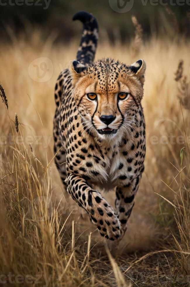 A cheetah sprinting through tall grass, showcasing its speed and agility in the wild. photo