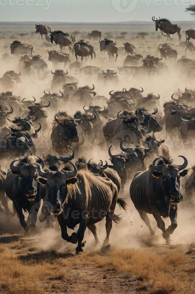 A herd of wildebeests running through a dusty landscape, showcasing the wild migration. photo