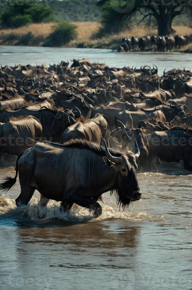 A herd of wildebeest crossing a river during migration. photo