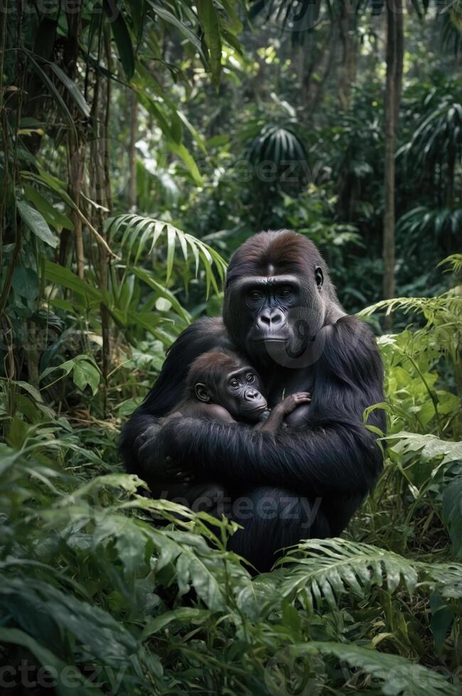 A gorilla cradles its baby in a lush, green jungle setting, showcasing maternal care. photo