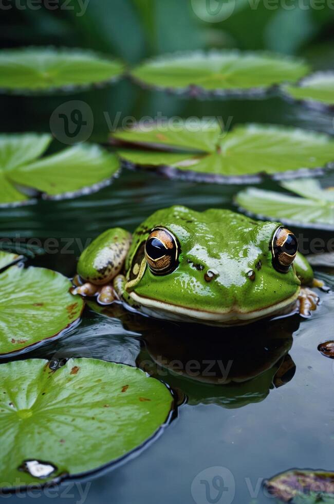 A close-up of a green frog resting on lily pads in a tranquil pond. photo