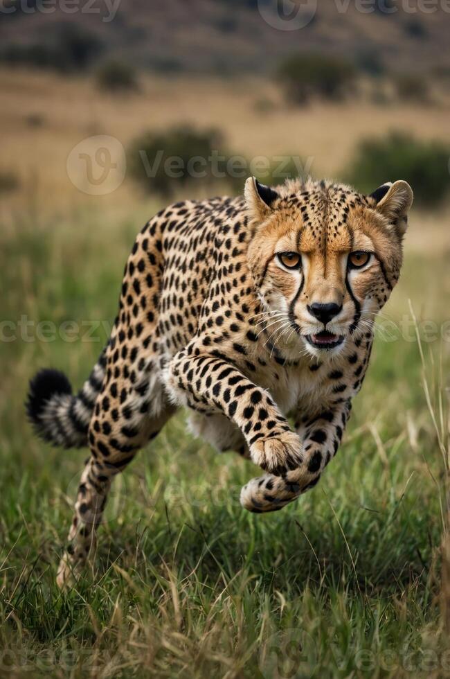 A cheetah sprinting across a grassy field, showcasing its speed and agility in the wild. photo