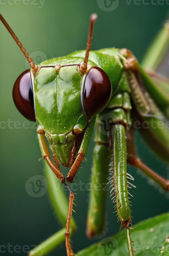 A close-up of a vibrant green grasshopper with large eyes on a leaf. photo