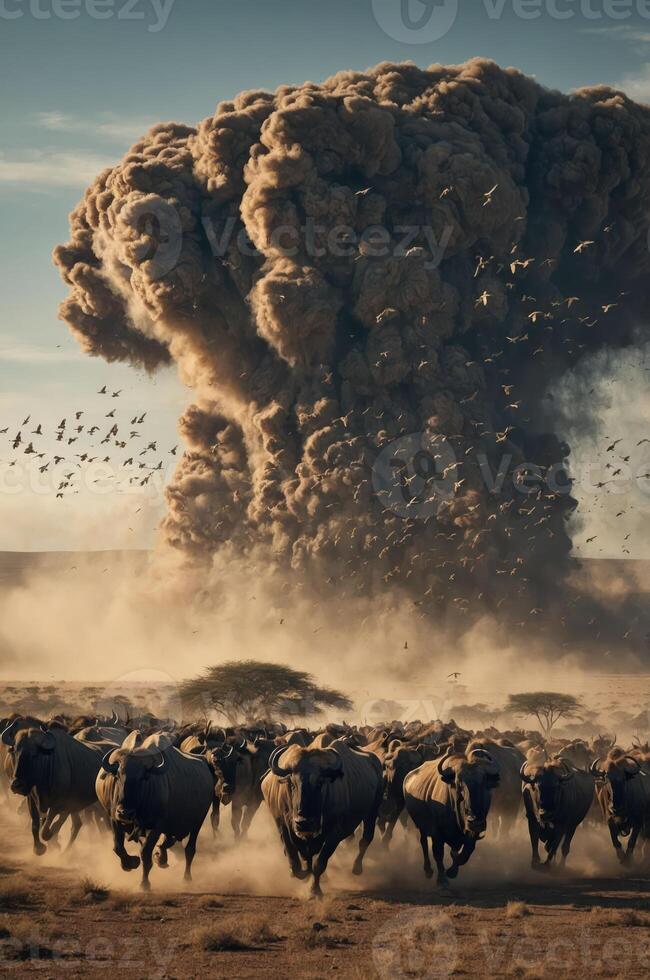 A dramatic scene depicting cattle fleeing from a massive dust cloud or explosion in the background. photo