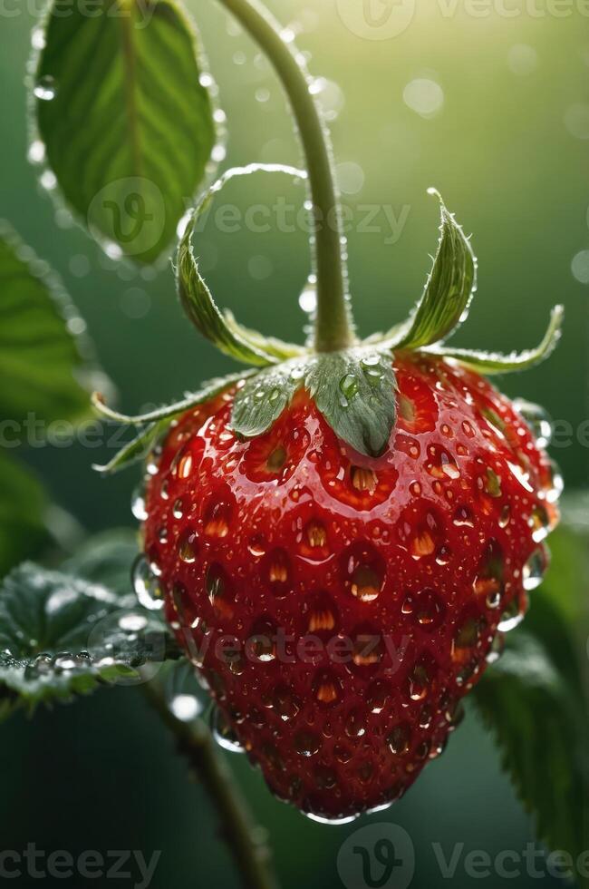 A close-up of a fresh strawberry covered in water droplets, highlighting its vibrant color and texture. photo