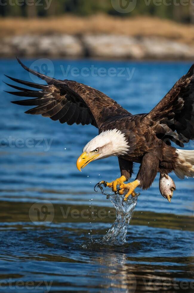 A bald eagle catches a fish from the water, showcasing its hunting skills in nature. photo
