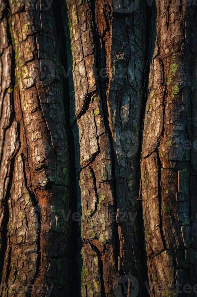 Close-up of textured tree bark with natural patterns and colors. photo
