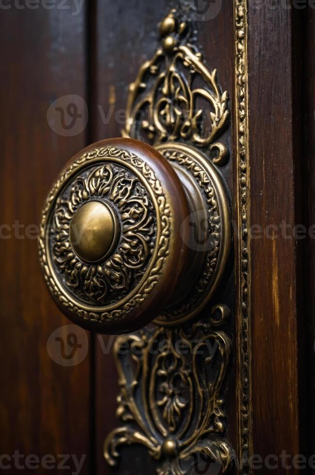 A close-up of an ornate brass door knob on a wooden door, showcasing intricate design. photo