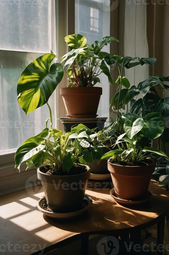 A collection of potted plants arranged by a window, showcasing natural light and greenery. photo