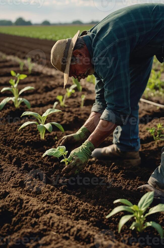 A farmer plants young crops in fertile soil under a clear sky, showcasing agricultural work. photo