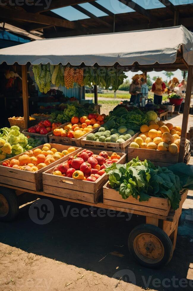 A vibrant market stall displaying fresh fruits and vegetables under a canopy. photo