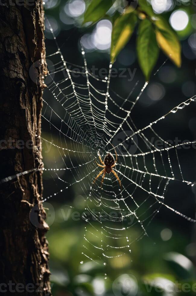 A spider web glistens with dew, showcasing nature's intricate design in a lush environment. photo