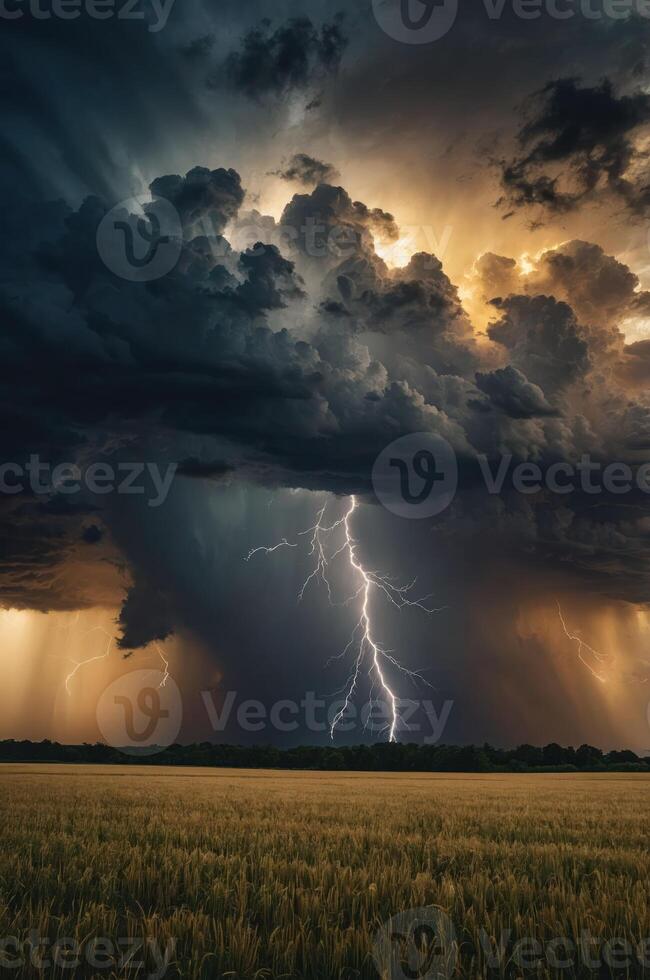 A dramatic thunderstorm with lightning illuminating dark clouds over a golden field. photo