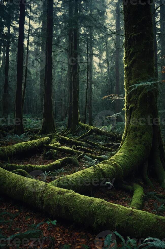 A serene forest scene with moss-covered trees and a misty atmosphere. photo