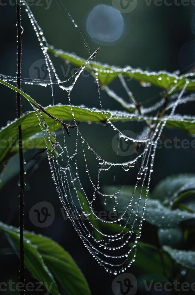 A close-up of a spider web adorned with dewdrops, showcasing nature's intricate beauty. photo