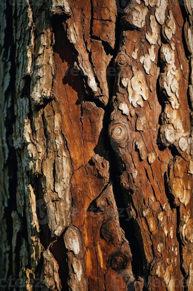 Close-up view of a textured tree bark showcasing natural patterns and colors. photo