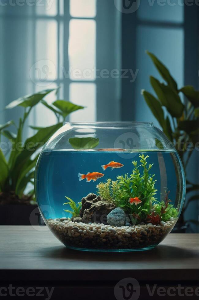 A serene fishbowl with goldfish, plants, and decorative stones, creating a calming atmosphere. photo