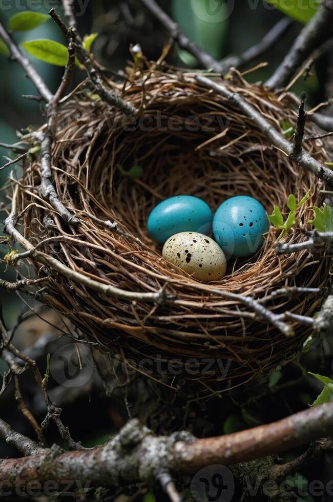 A bird's nest containing three eggs, two blue and one speckled, nestled in twigs. photo
