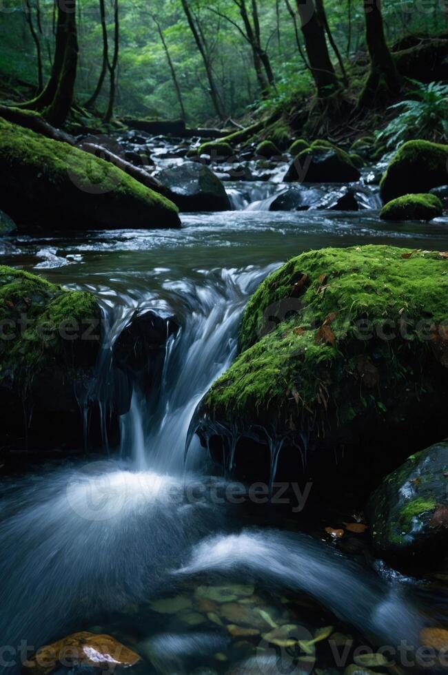 A serene forest stream flows over moss-covered rocks, surrounded by lush greenery. photo