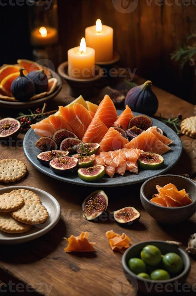 A beautifully arranged spread of salmon, figs, and crackers, set with candles for ambiance. photo