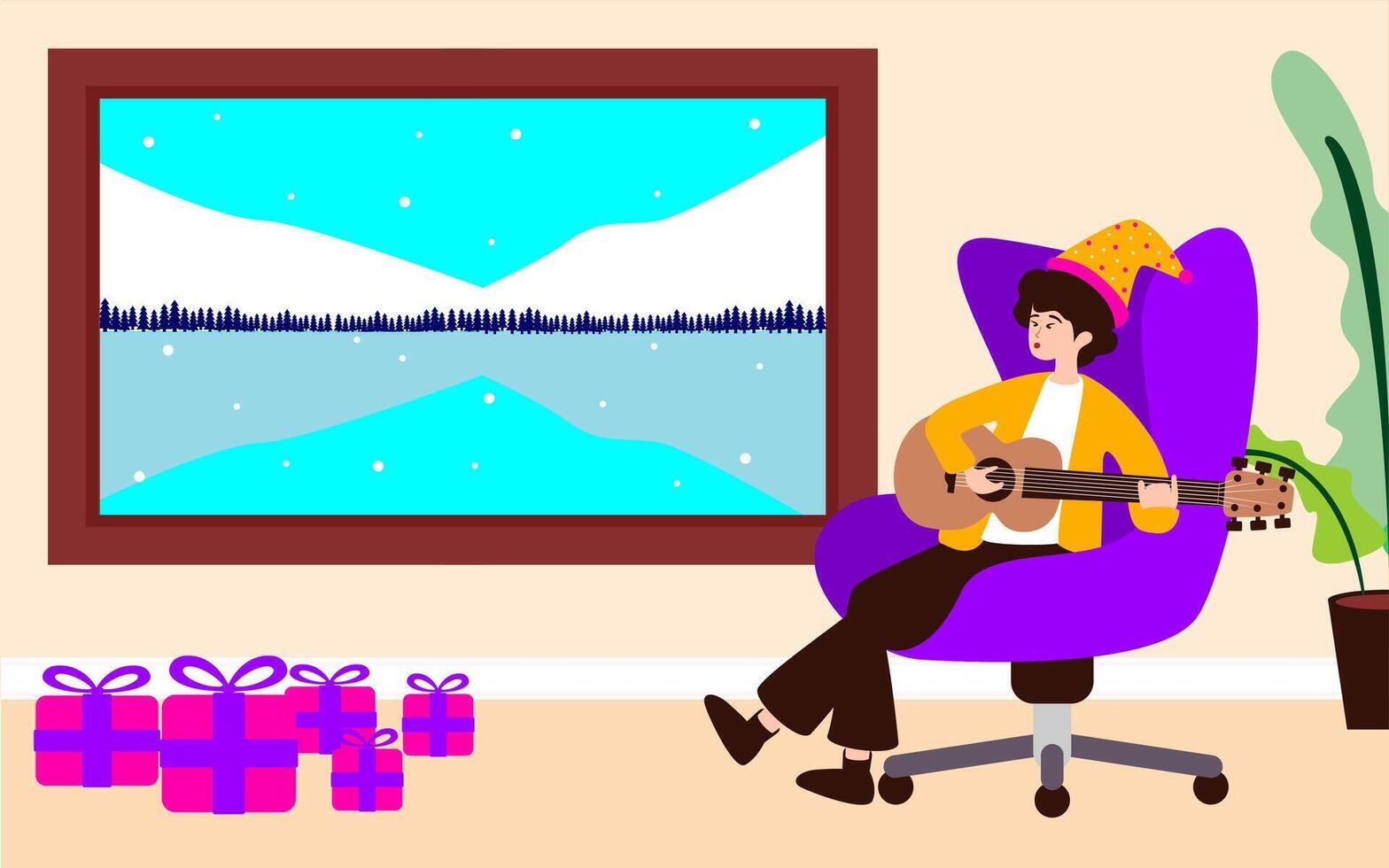 Flat Illustration of A Man Playing Guitar While Celebrating Christmas. Vibing with A Guitar. vector