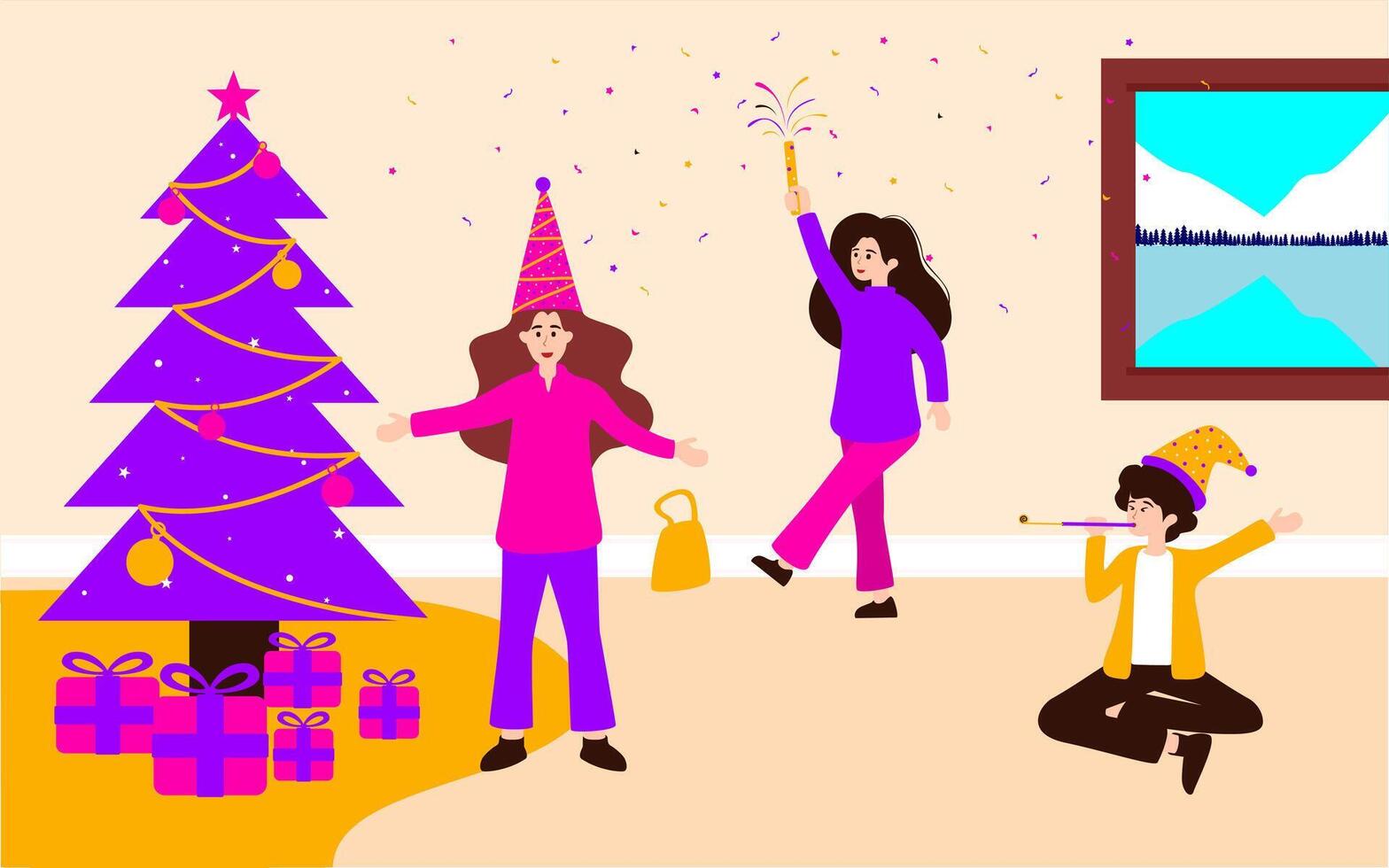 Flat Illustration of a Friendship Celebrating Christmas Night Together. vector
