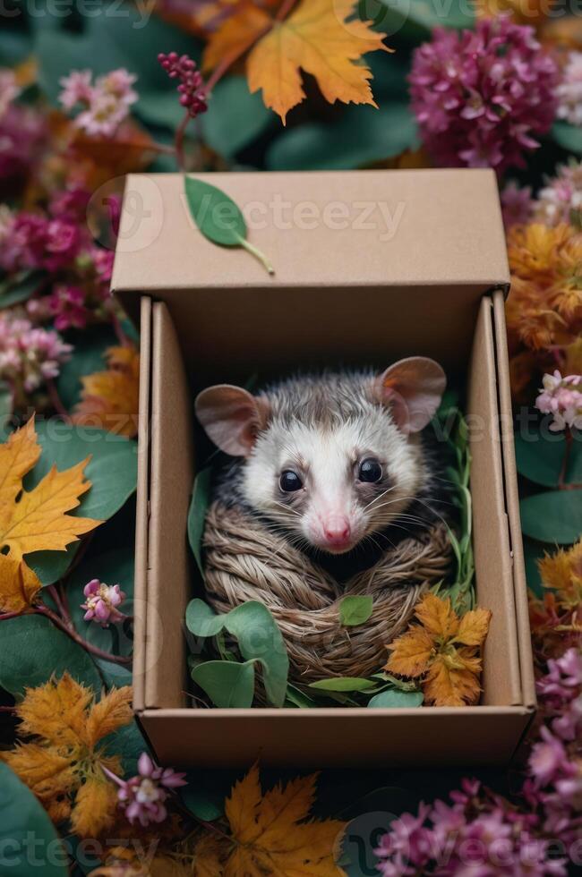 A cute opossum nestled in a box surrounded by autumn leaves and flowers. photo