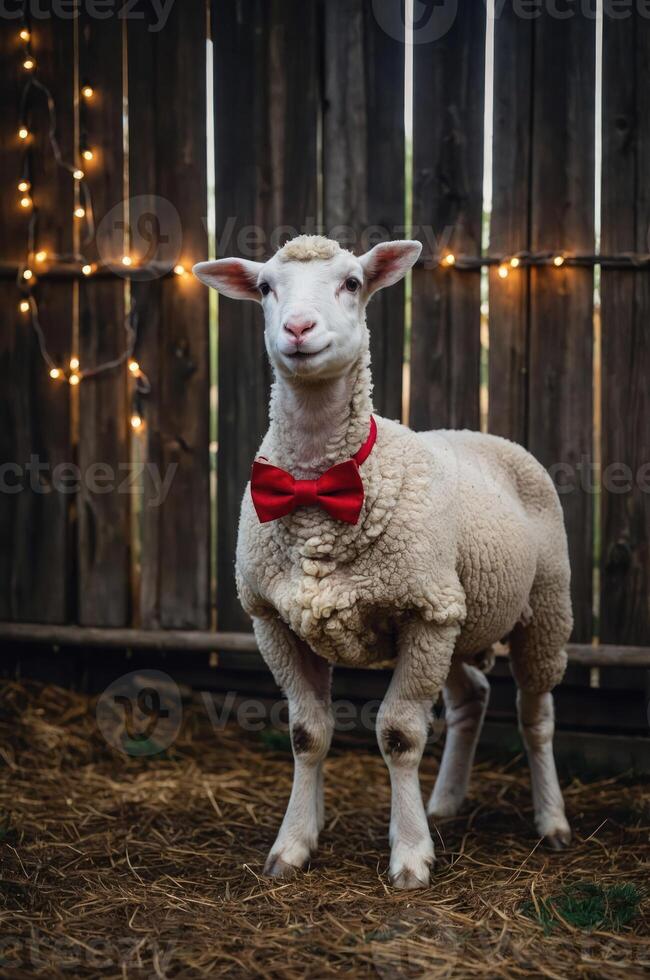 A sheep wearing a red bow tie stands in front of a wooden fence adorned with lights. photo