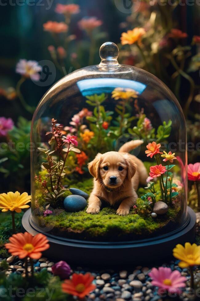 A puppy rests peacefully under a glass dome surrounded by colorful flowers and greenery. photo