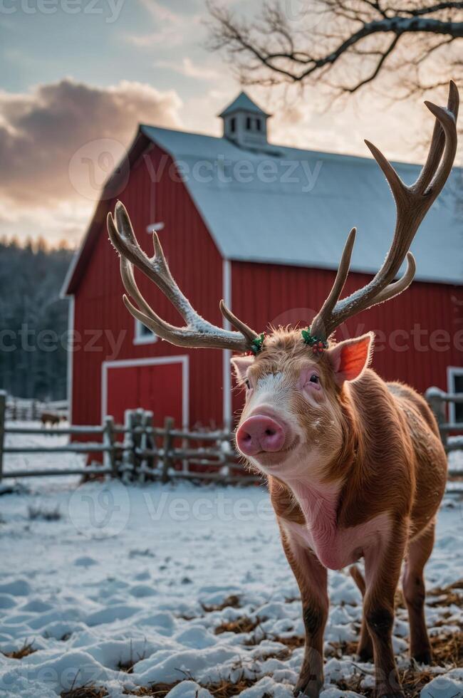 A whimsical scene featuring a pig with antlers in a snowy landscape near a red barn. photo