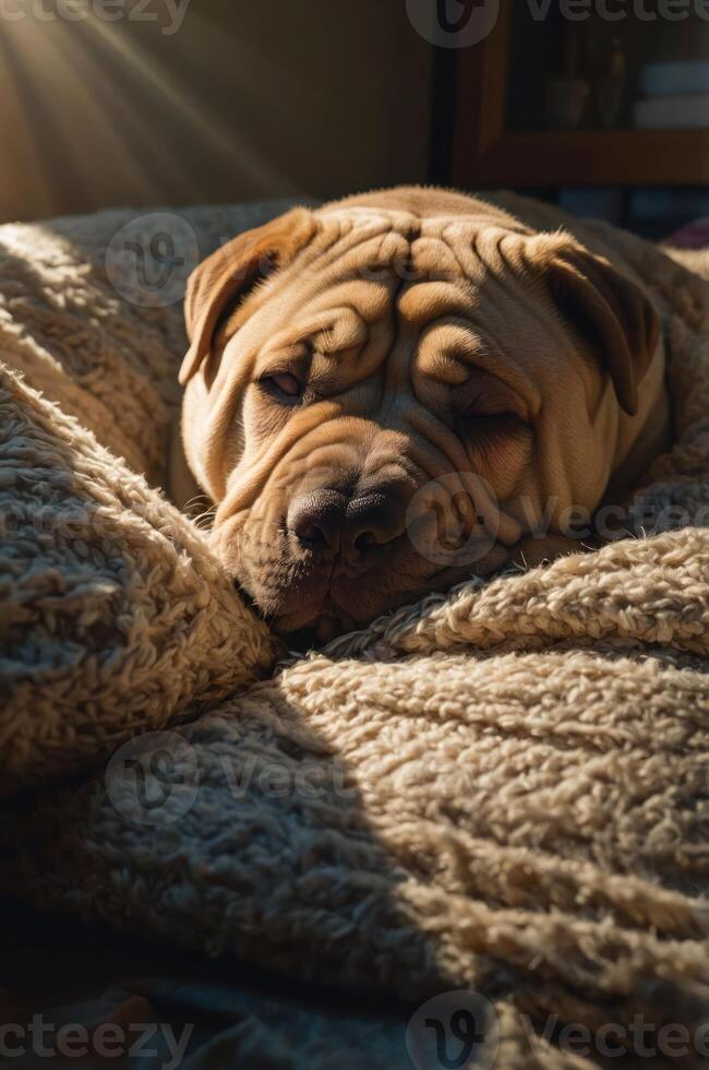 A relaxed Shar Pei dog resting on a cozy blanket in soft lighting. photo
