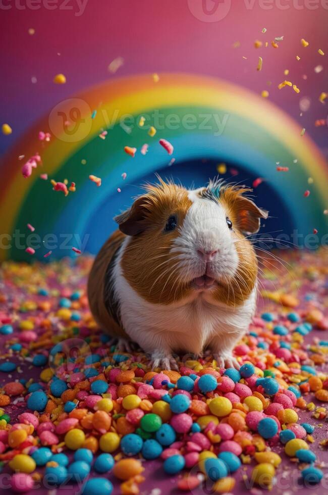 A cute guinea pig surrounded by colorful candy on a vibrant, rainbow-themed background. photo