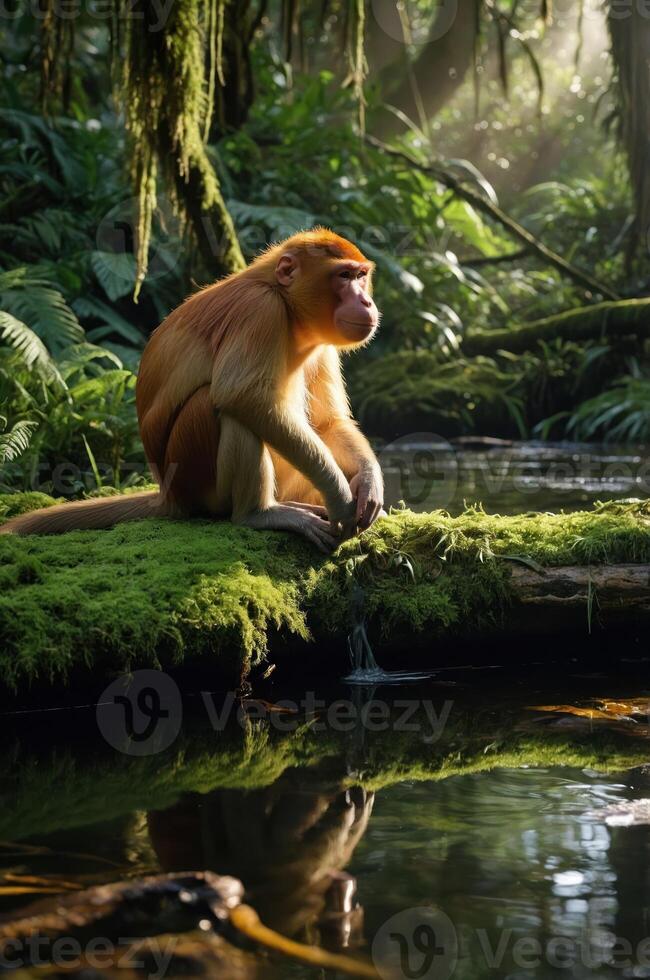 A serene monkey sits by a tranquil river in a lush, green forest, reflecting on the water. photo