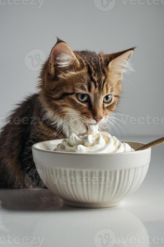 A playful cat enjoying whipped cream from a bowl, showcasing its curious nature. photo