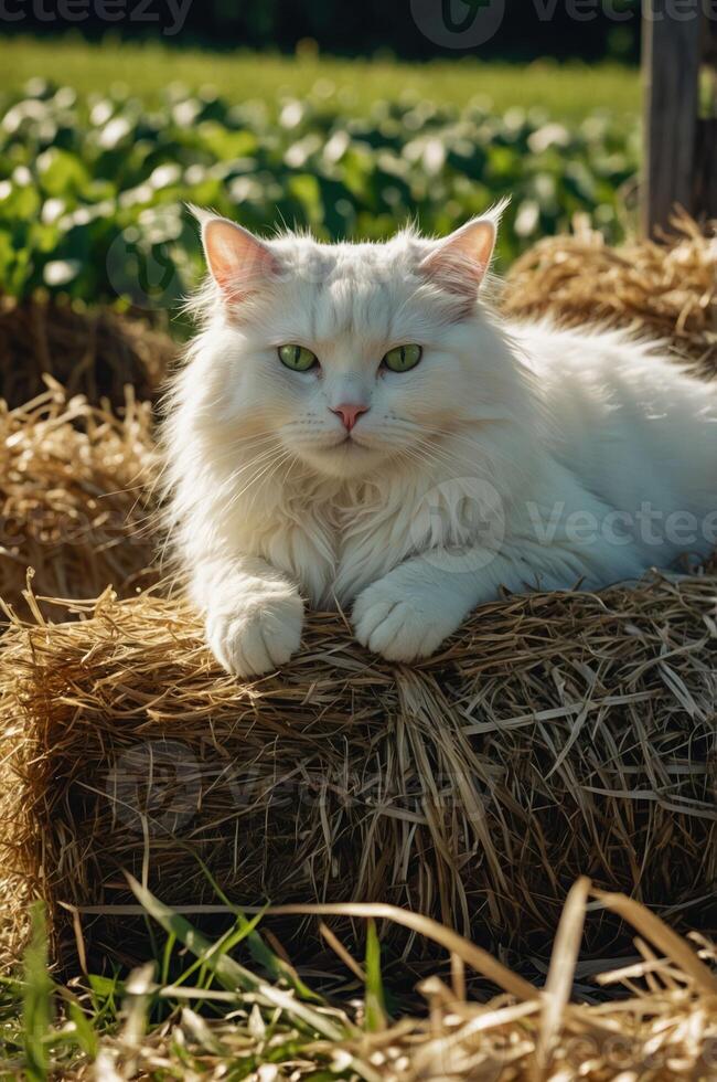 A fluffy white cat lounging on straw bales in a field. photo