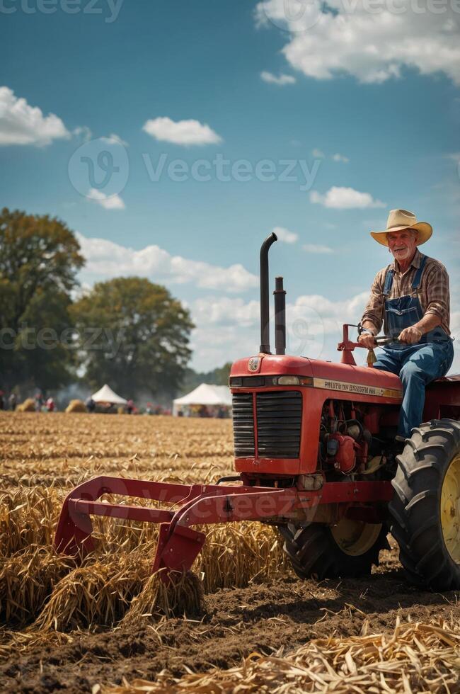 A farmer operating a tractor in a field, showcasing agricultural work and rural life. photo