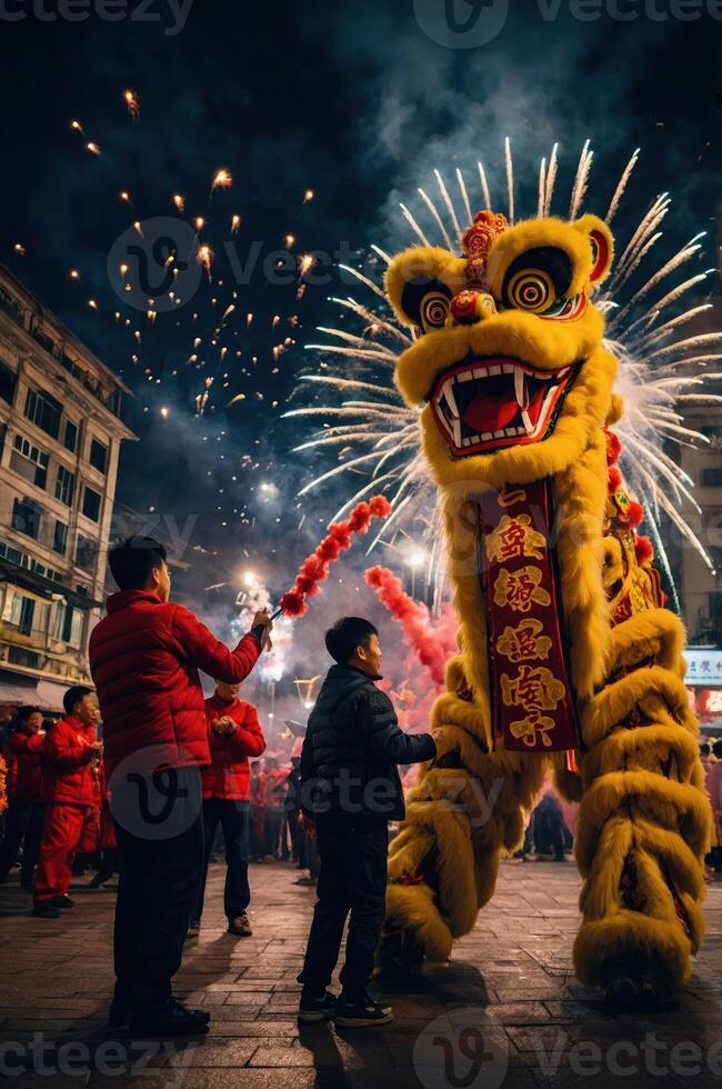 A vibrant lion dance performance during a festive celebration with fireworks in the background. photo