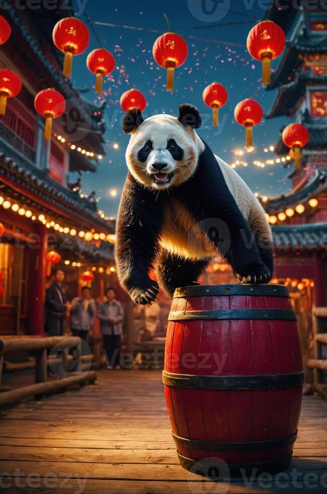 A playful panda leaps atop a red barrel in a vibrant, lantern-lit street scene. photo
