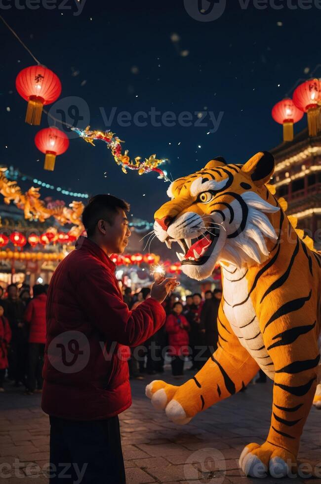 A man interacts with a large tiger figure during a festive celebration with lanterns. photo