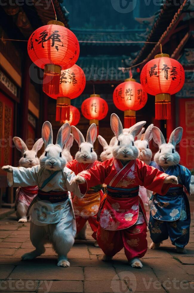 A group of dressed rabbits performs in a traditional setting with lanterns. photo