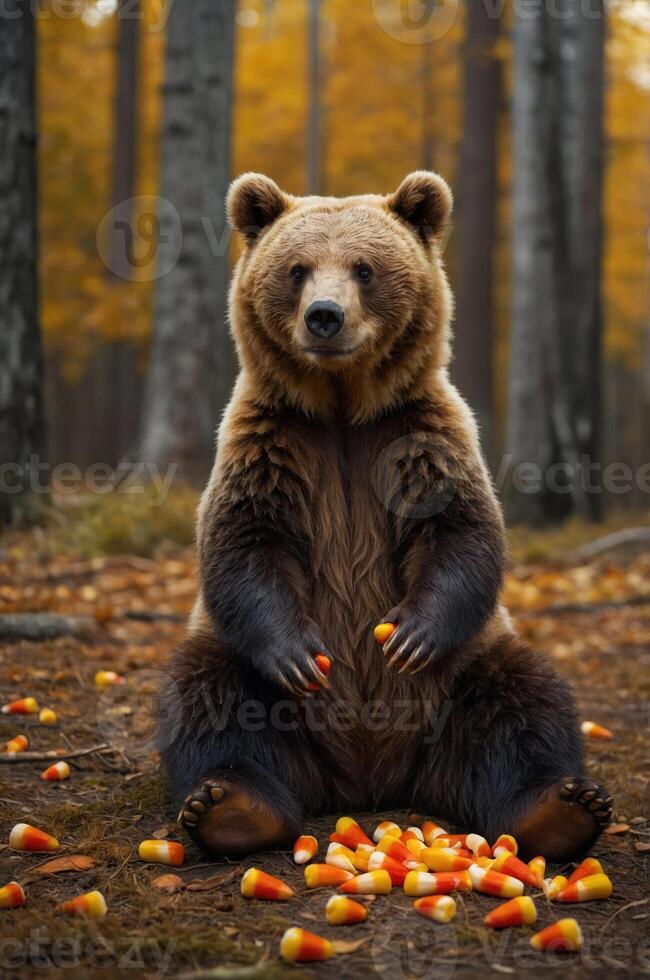 A bear sitting in a forest surrounded by candy corn, creating a whimsical autumn scene. photo