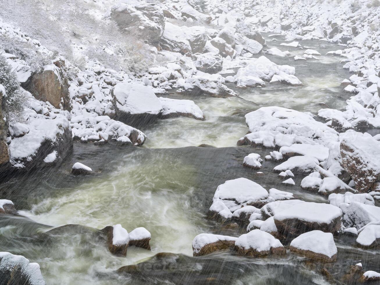 rapids on a mountain river in heavy spring snowstorm photo