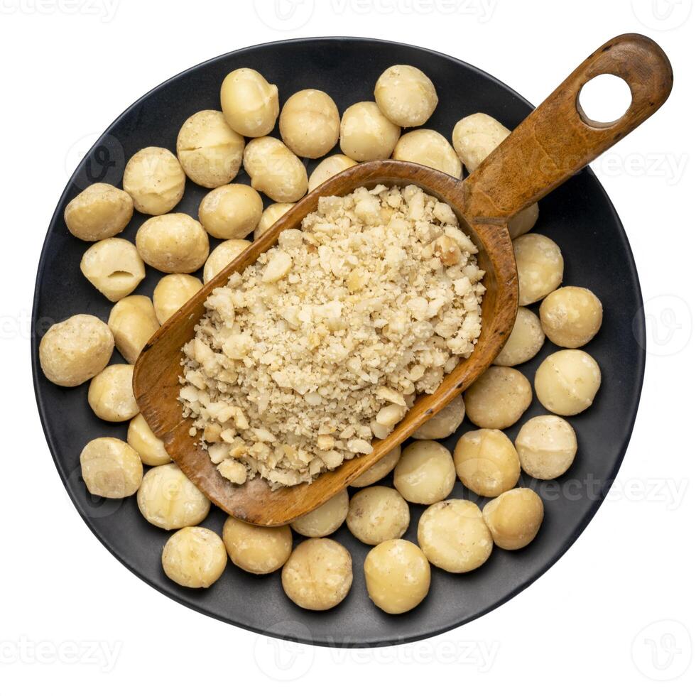 macadamia nut flour in wooden scoop photo